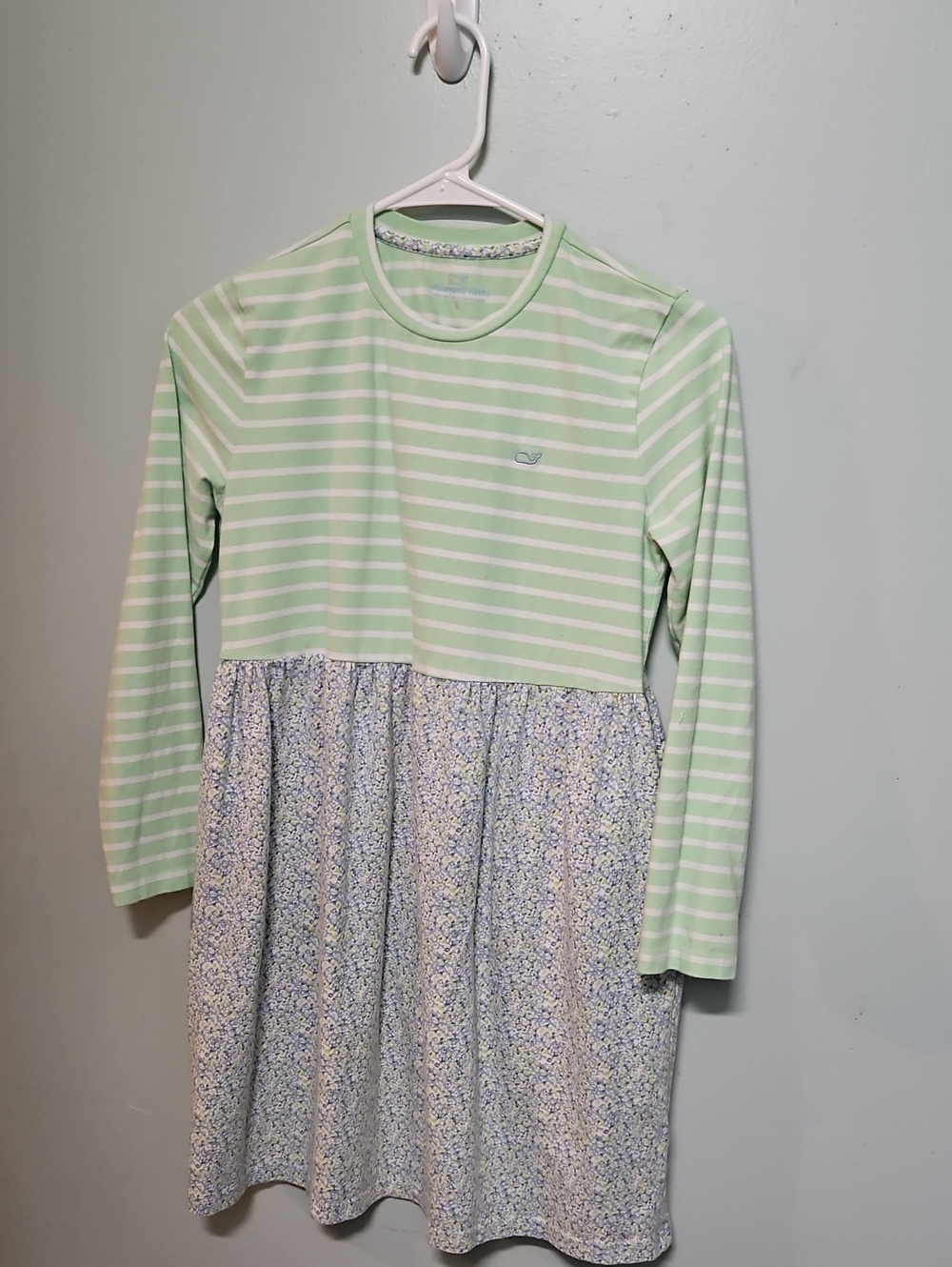 Striped Mint Green Long Sleeve Dress with Floral Skirt